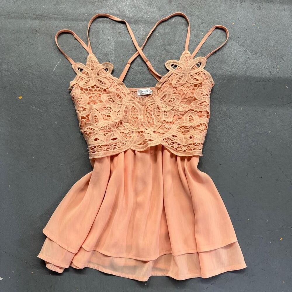 Women's Peach Floral Crochet Babydoll Tank Top